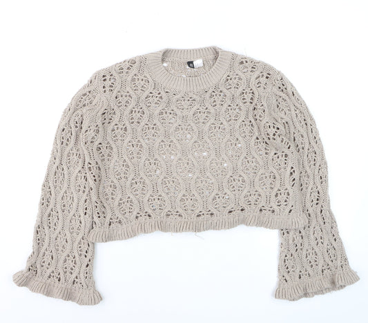 DIVIDED Womens Beige Open-Knit Ruffle Sleeve Cotton Jumper Size 12