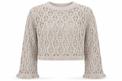 DIVIDED Womens Beige Open-Knit Ruffle Sleeve Cotton Jumper Size 12