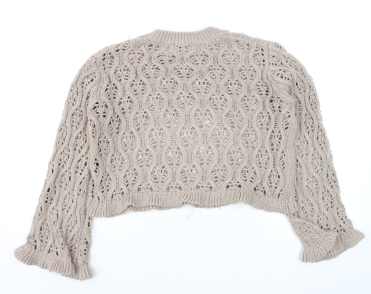 DIVIDED Womens Beige Open-Knit Ruffle Sleeve Cotton Jumper Size 12