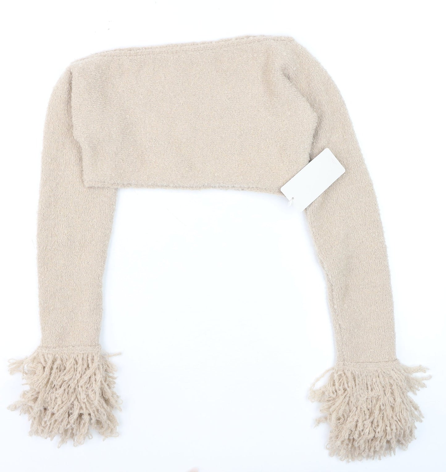 Musera Womens Beige Chunky Knit Fringe Shrug Jumper Size S