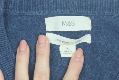 Marks and Spencer Men's Blue V-Neck Cotton Jumper XL