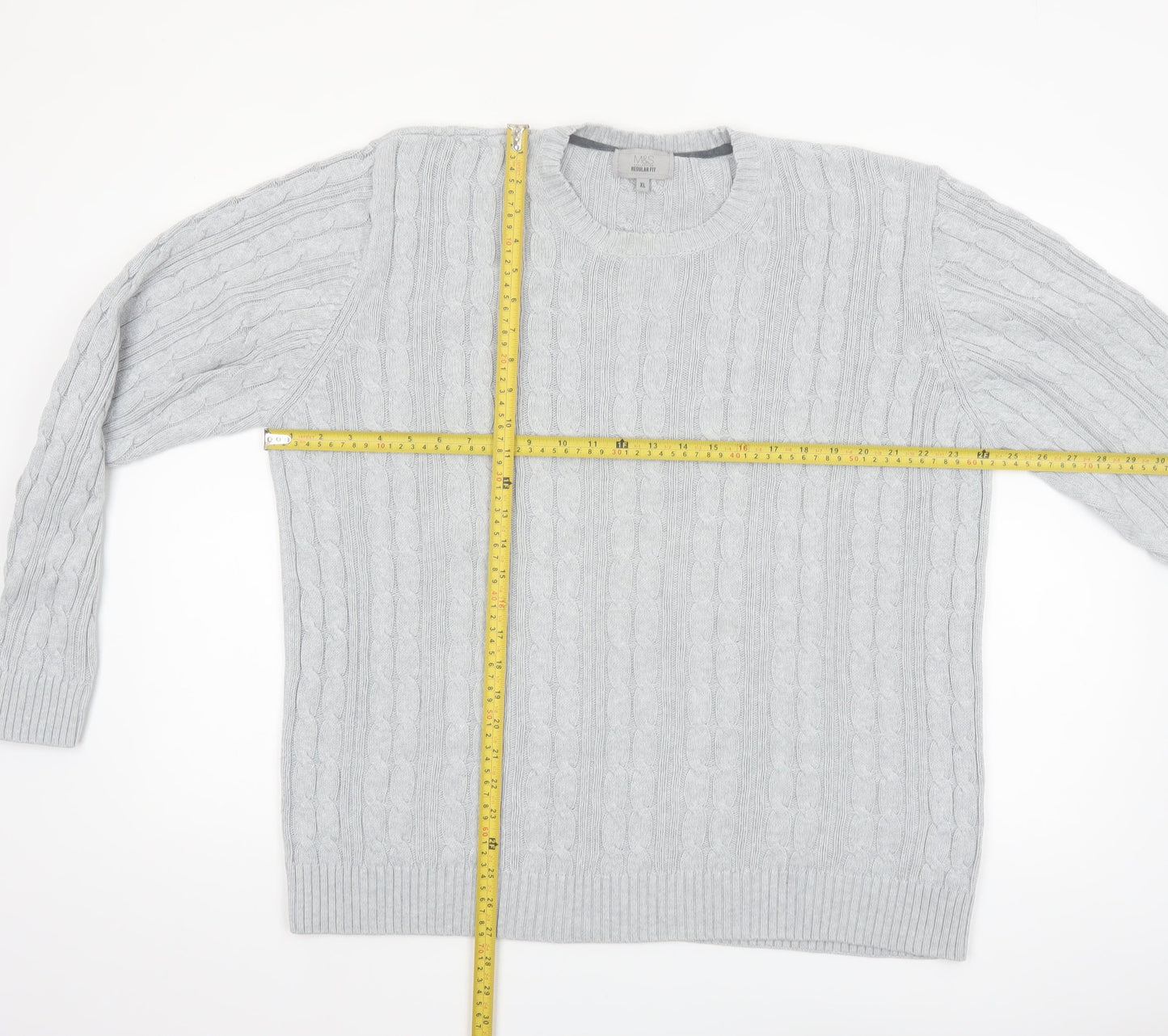 Marks and Spencer Men’s Grey XL Cable-Knit Cotton Crew Neck Jumper