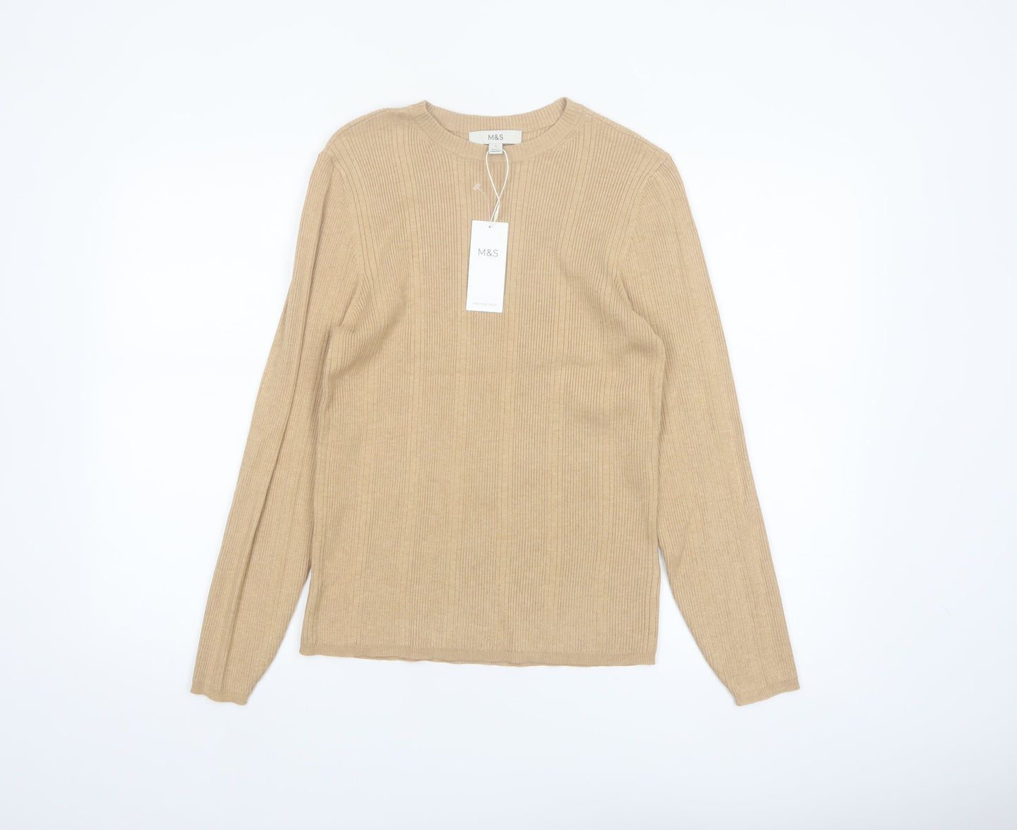 Marks and Spencer Womens Beige Size 16 Ribbed Knit Crew Neck Jumper