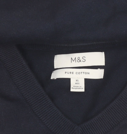 Marks and Spencer Men's Blue XL V-Neck Pure Cotton Jumper