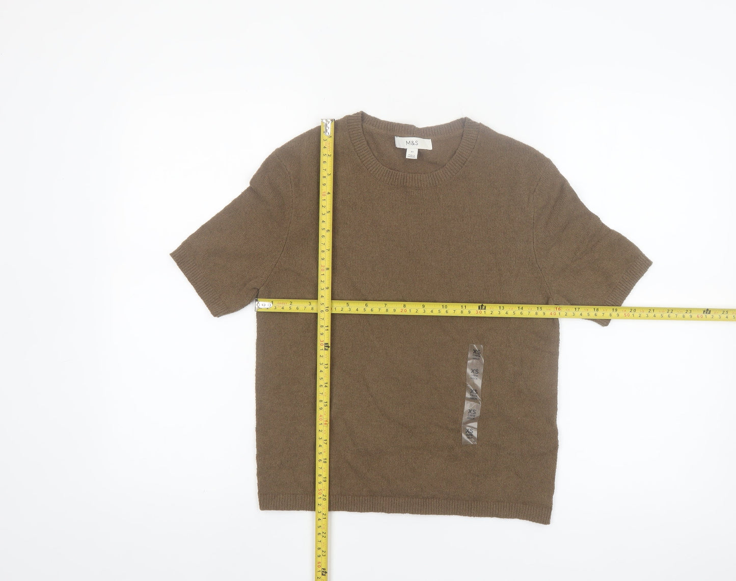 Marks and Spencer Women Brown XS Cotton Blend Crew Neck Short Sleeve Jumper