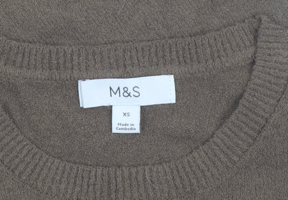 Marks and Spencer Women Brown XS Cotton Blend Crew Neck Short Sleeve Jumper