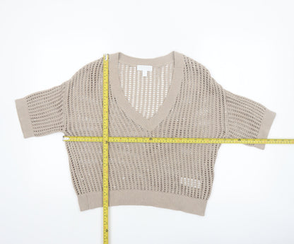The White Company Women Beige Open-Knit V-Neck Jumper M Organic Cotton