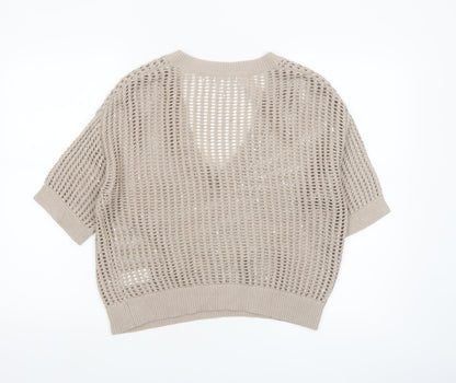 The White Company Women Beige Open-Knit V-Neck Jumper M Organic Cotton