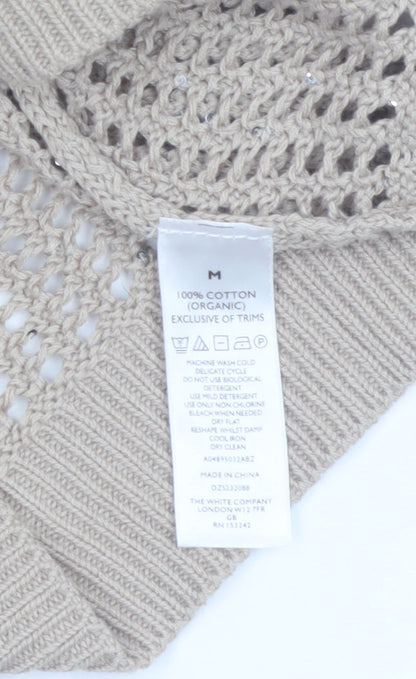 The White Company Women Beige Open-Knit V-Neck Jumper M Organic Cotton