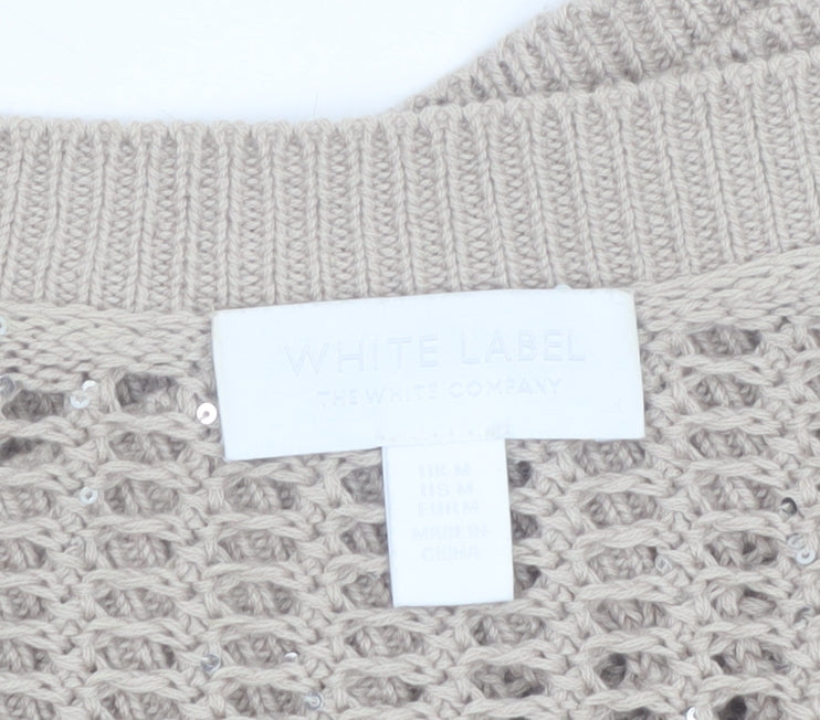 The White Company Women Beige Open-Knit V-Neck Jumper M Organic Cotton