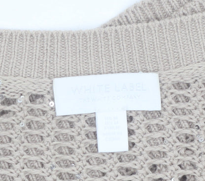 The White Company Women Beige Open-Knit V-Neck Jumper M Organic Cotton