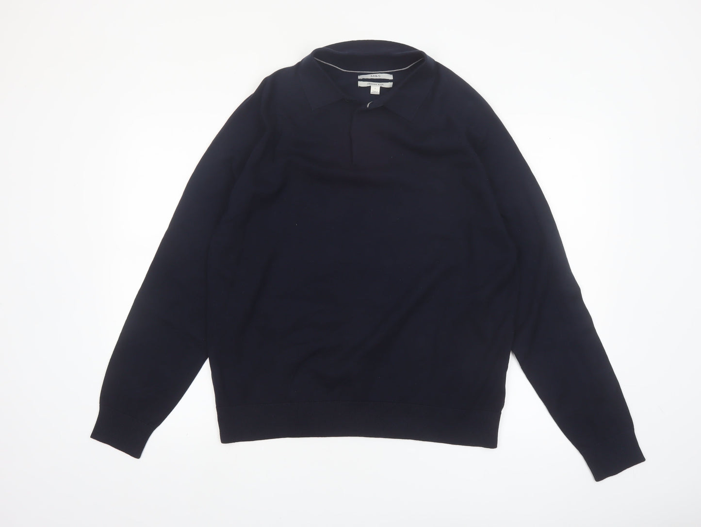 Marks and Spencer Men's Blue Collared Cotton Jumper L