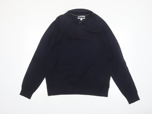 Marks and Spencer Men's Blue Collared Cotton Jumper L
