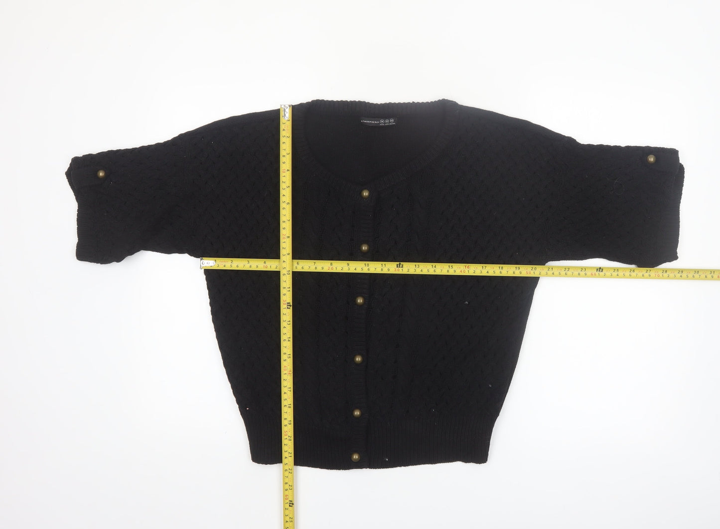 Atmosphere Women’s Black Cotton Short Sleeve Cable Knit Cardigan Size 14