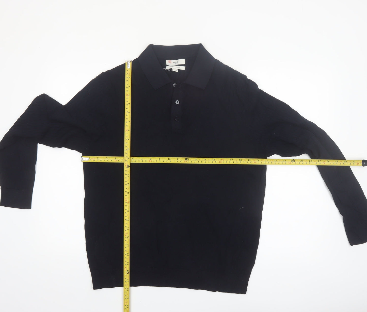 Marks and Spencer Men’s Black Cotton Modal Collared Henley Jumper L