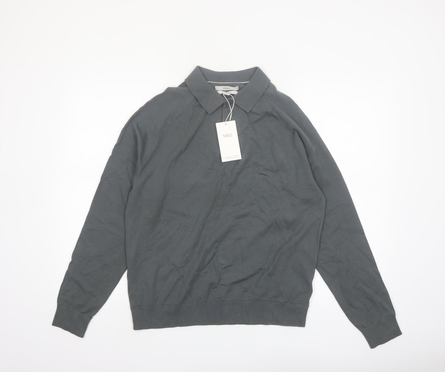 Marks and Spencer Men's Grey Cotton Collared Pullover Jumper M