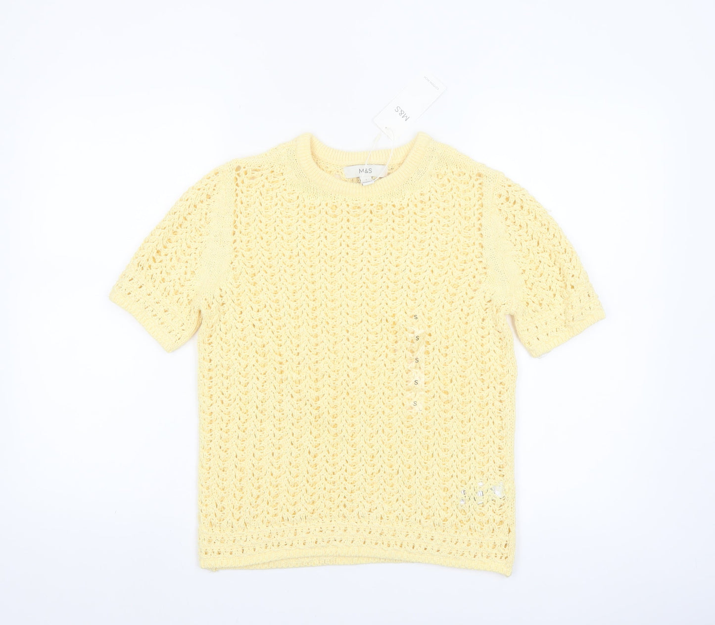 Marks and Spencer Women Yellow Crochet Short Sleeve Cotton Blend Top Size S