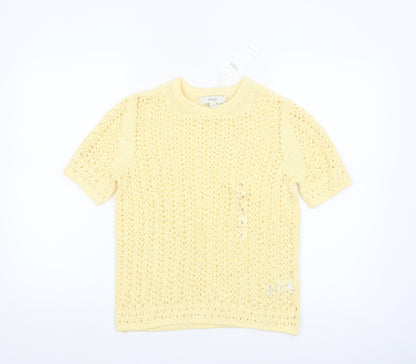 Marks and Spencer Women Yellow Crochet Short Sleeve Cotton Blend Top Size S