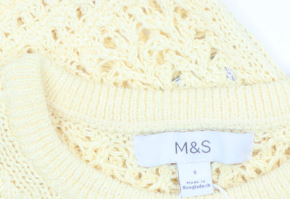 Marks and Spencer Women Yellow Crochet Short Sleeve Cotton Blend Top Size S