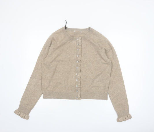 Marks and Spencer Women Beige Medium Ruffle Button Knit Cardigan
