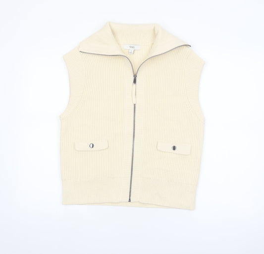 Marks and Spencer Women's Beige Knit Full Zip Sleeveless Vest M