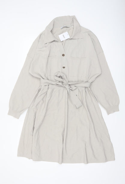 Next Women Beige XL Shirt Dress Collared Belted Long Sleeve Knit