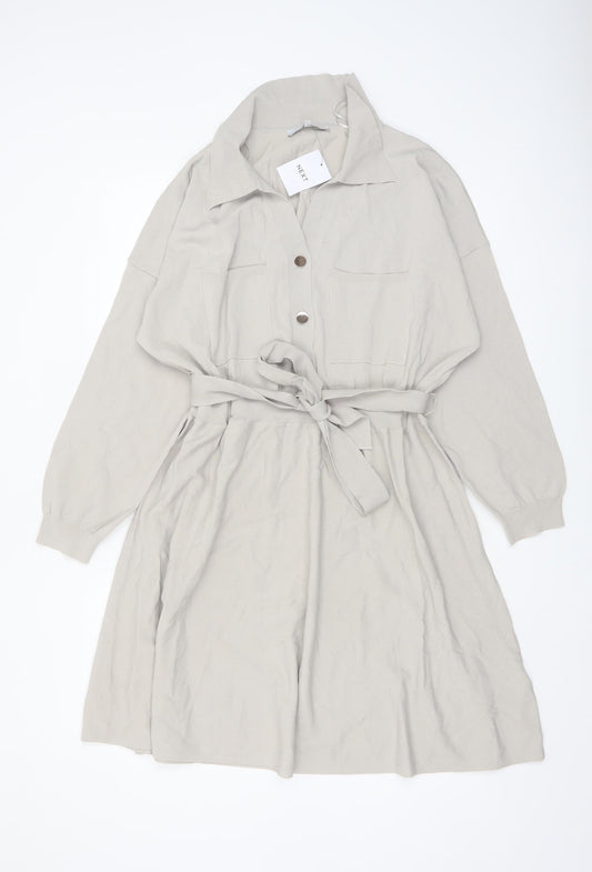 Next Women Beige XL Shirt Dress Collared Belted Long Sleeve Knit