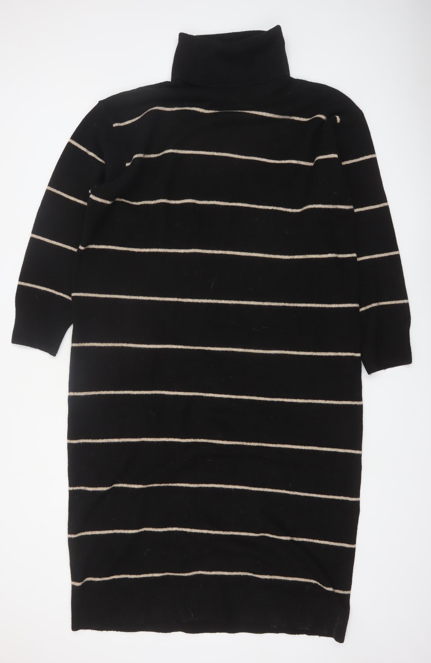 MNG Women Black Striped Knit Jumper Dress Size 12 Roll Neck