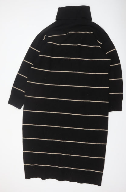 MNG Women Black Striped Knit Jumper Dress Size 12 Roll Neck