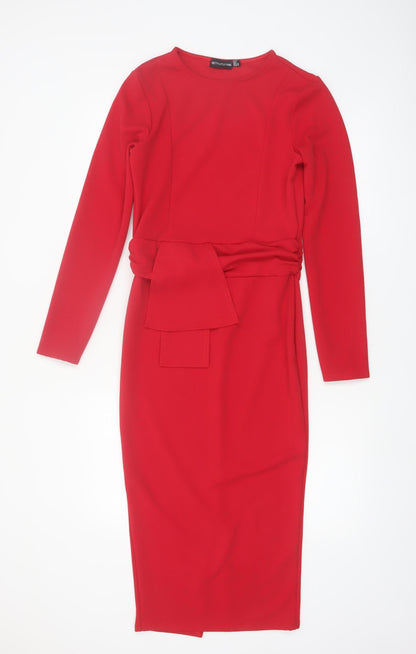 PrettyLittleThing Women’s Red Midi Bodycon Dress Size 10 Long Sleeve