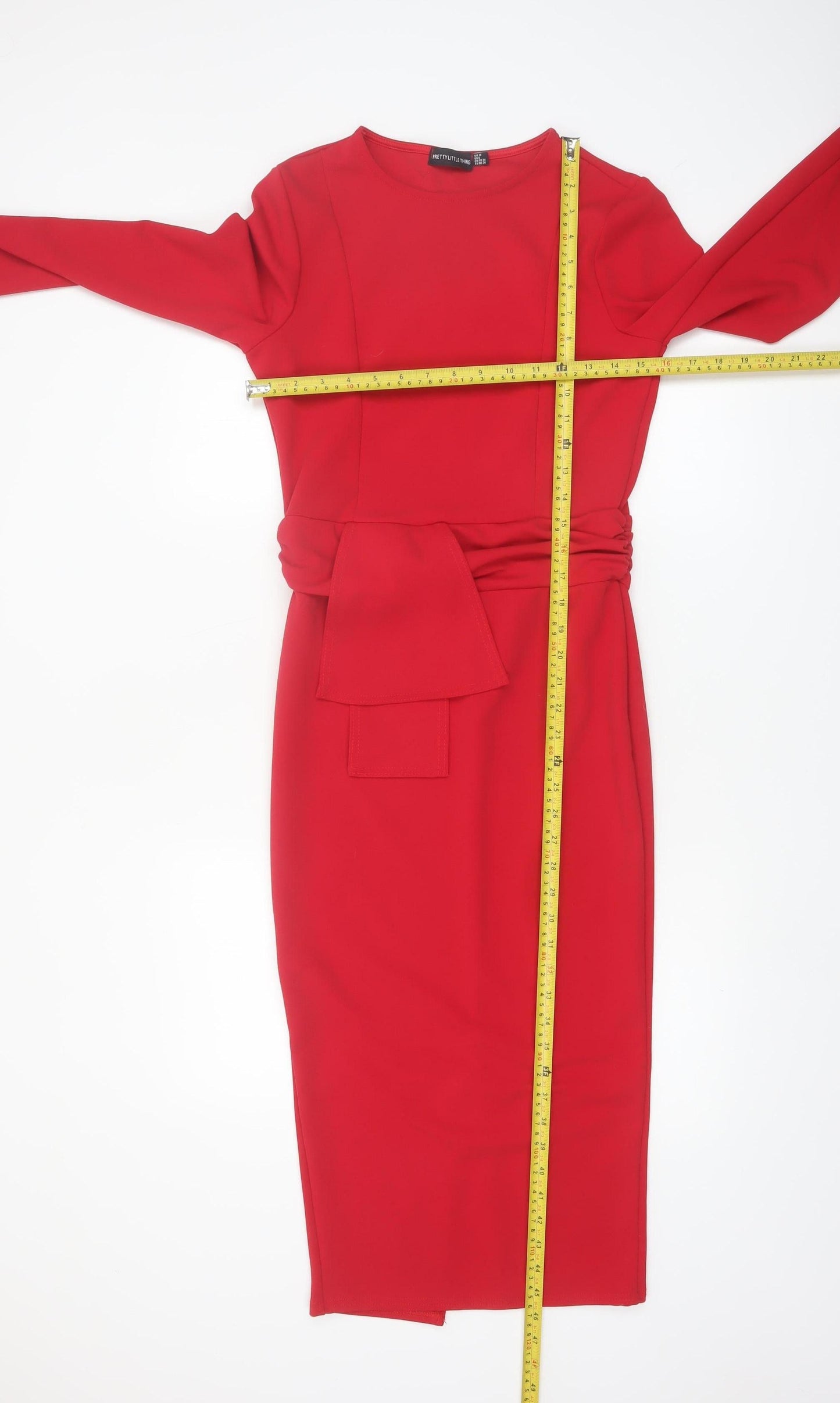 PrettyLittleThing Women’s Red Midi Bodycon Dress Size 10 Long Sleeve