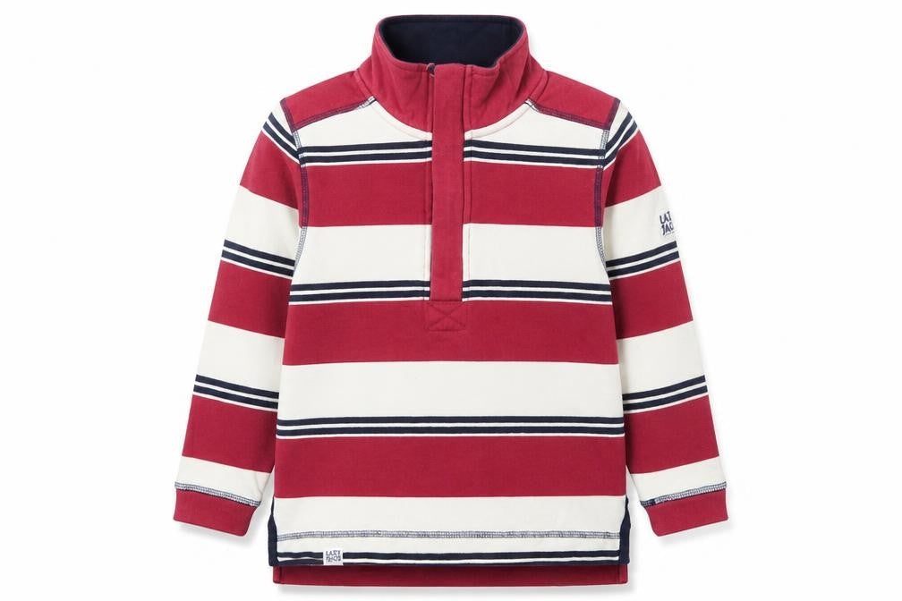 Front view of Lazy Jacks boys’ red striped 5-6 years 1/2 zip cotton sweatshirt