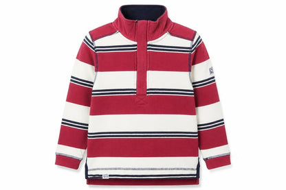 Front view of Lazy Jacks boys’ red striped 5-6 years 1/2 zip cotton sweatshirt