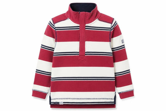 Front view of Lazy Jacks boys’ red striped 5-6 years 1/2 zip cotton sweatshirt