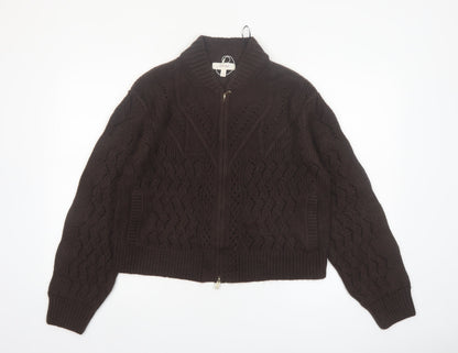 Marks and Spencer Per Una Brown Cable-Knit Full Zip Wool Blend Jumper Size 12