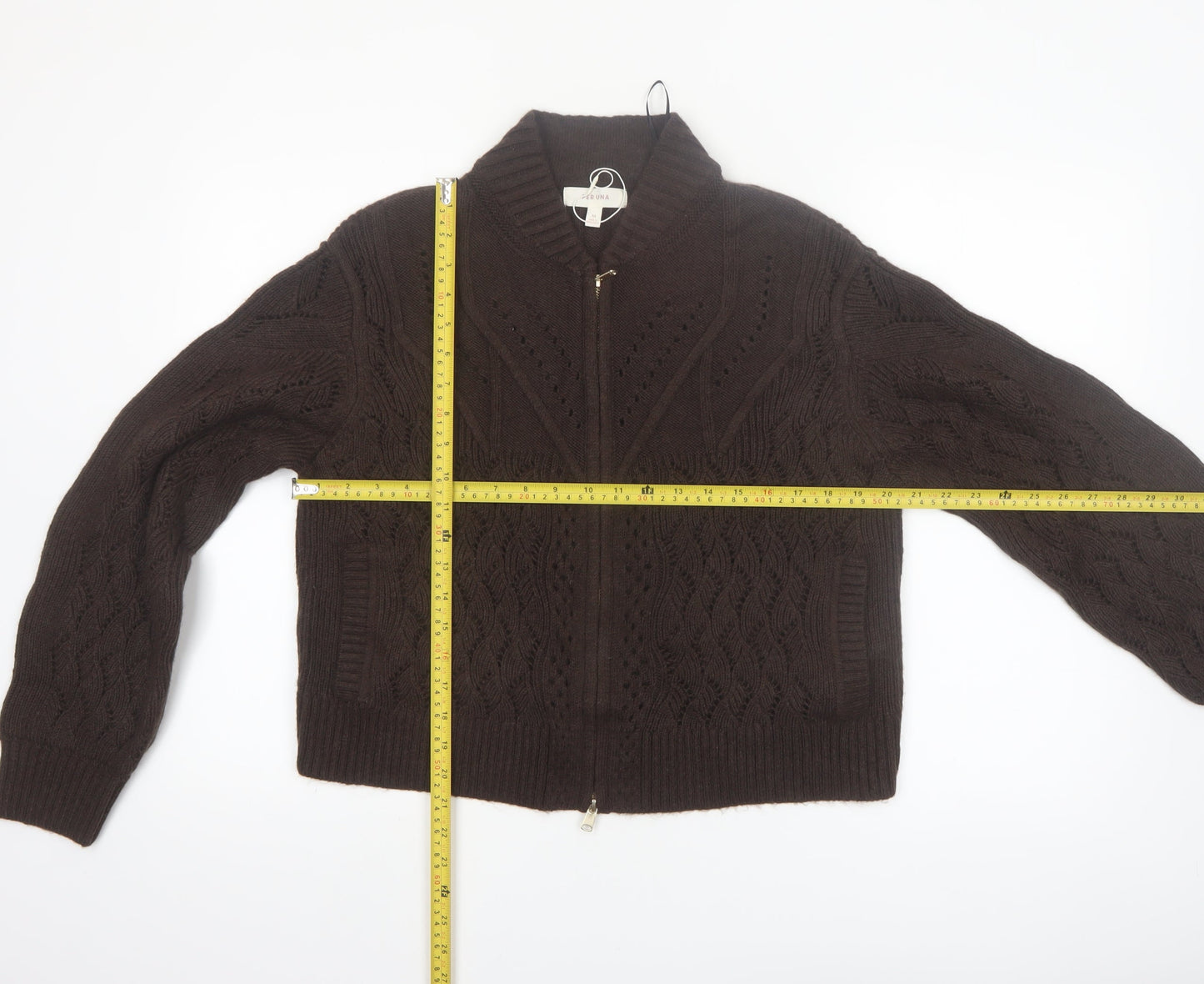 Marks and Spencer Per Una Brown Cable-Knit Full Zip Wool Blend Jumper Size 12