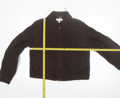 Marks and Spencer Per Una Brown Cable-Knit Full Zip Wool Blend Jumper Size 12