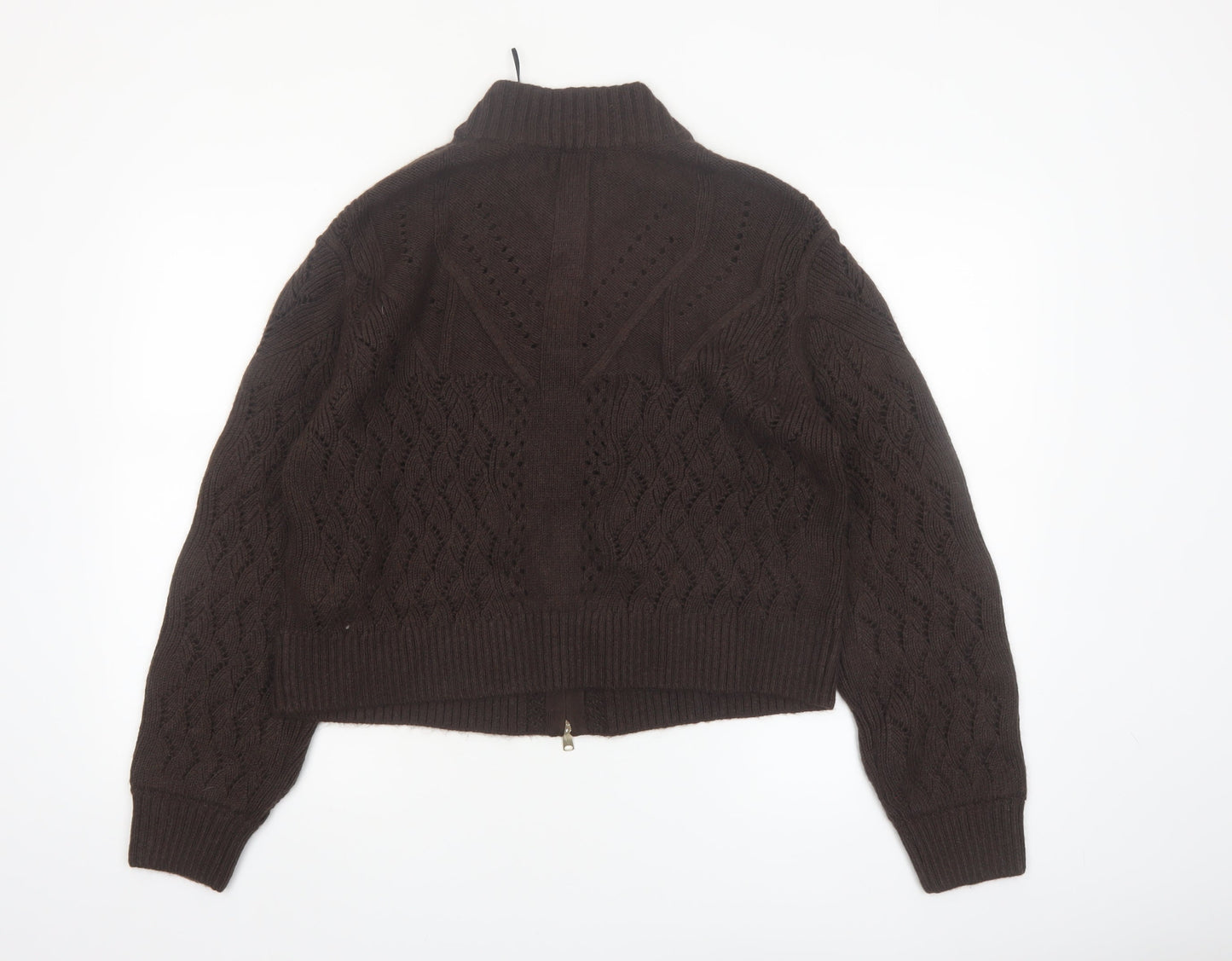 Marks and Spencer Per Una Brown Cable-Knit Full Zip Wool Blend Jumper Size 12