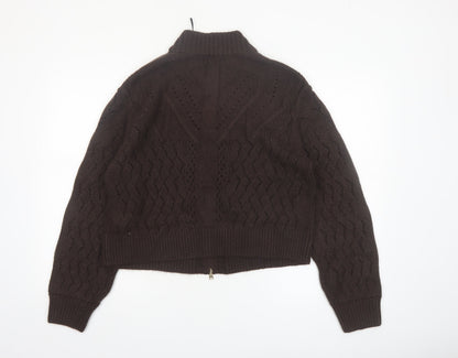 Marks and Spencer Per Una Brown Cable-Knit Full Zip Wool Blend Jumper Size 12