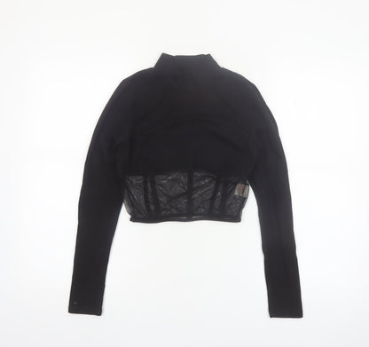 Urbanic Women's Black Cropped Mesh Panel Long Sleeve High Neck Top