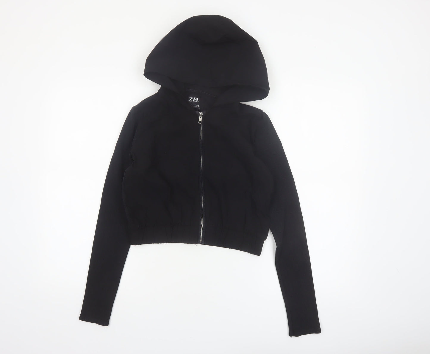ZARA Women Black Small Cropped Full Zip Hoodie Lightweight Cotton Blend