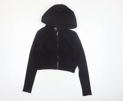 ZARA Women Black Small Cropped Full Zip Hoodie Lightweight Cotton Blend
