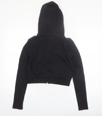 ZARA Women Black Small Cropped Full Zip Hoodie Lightweight Cotton Blend