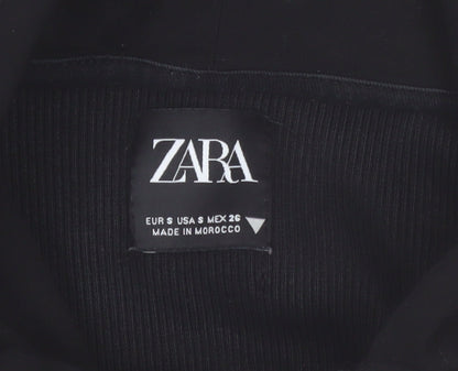 ZARA Women Black Small Cropped Full Zip Hoodie Lightweight Cotton Blend