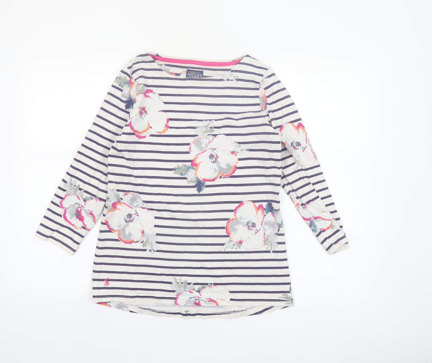 Joules Women's Multicoloured Floral Striped 3/4 Sleeve Cotton Top Size 10