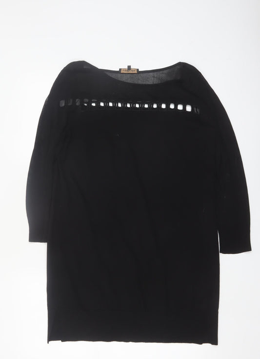 Jaeger Womens Black Wool Blend Tunic Blouse L 3/4 Sleeve