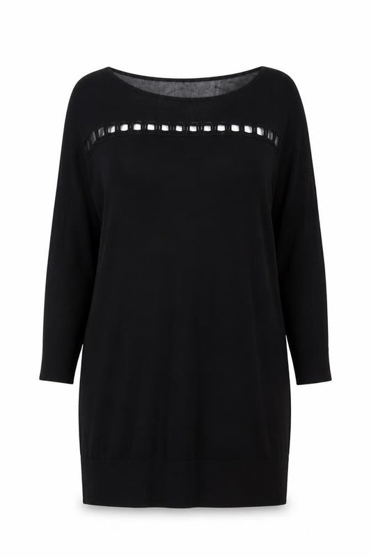 Front view of Jaeger women’s black wool blend tunic blouse l 3/4 sleeve
