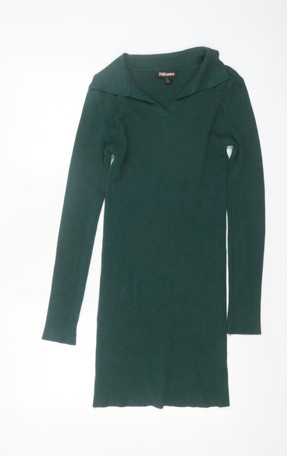 Pink Vanilla Women Green L Rib Knit Collared Bodycon Dress