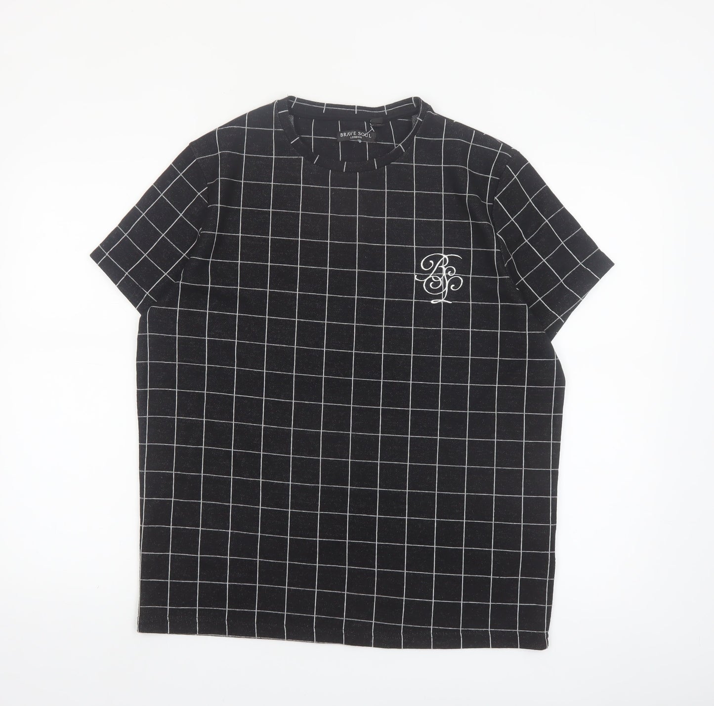 Brave Soul Men's Black Checked Crew Neck T-Shirt Size M