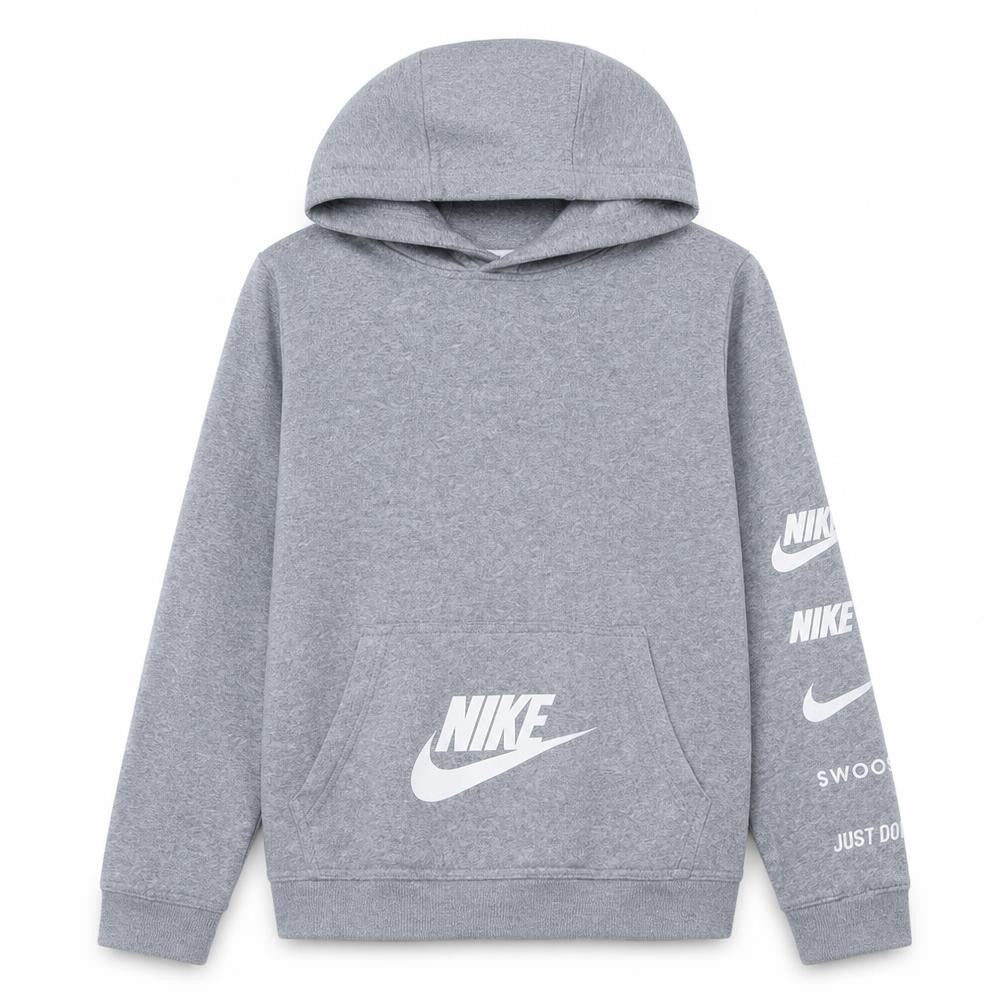 Front view of Nike boys’ grey xl pullover hoodie with logo print and kangaroo pocket